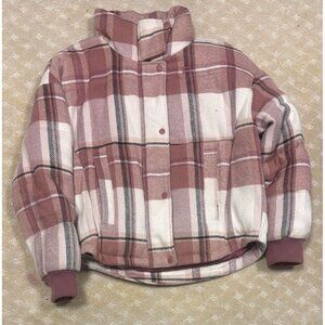 Levi's Women's S Puffer Jacket Pink Plaid Wool Look Quilted Cropped